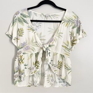 American Eagle Cropped cream purple floral tie front short sleeve top size XS